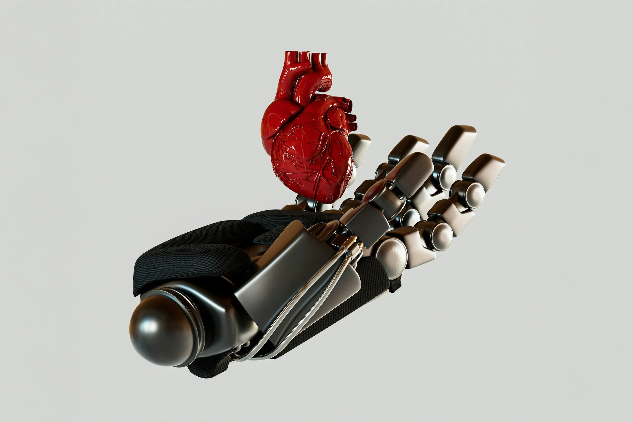 Darstellung von Roboterhand, die ein Herz hält als Symbolik für Nutzung von KI in der Medizin