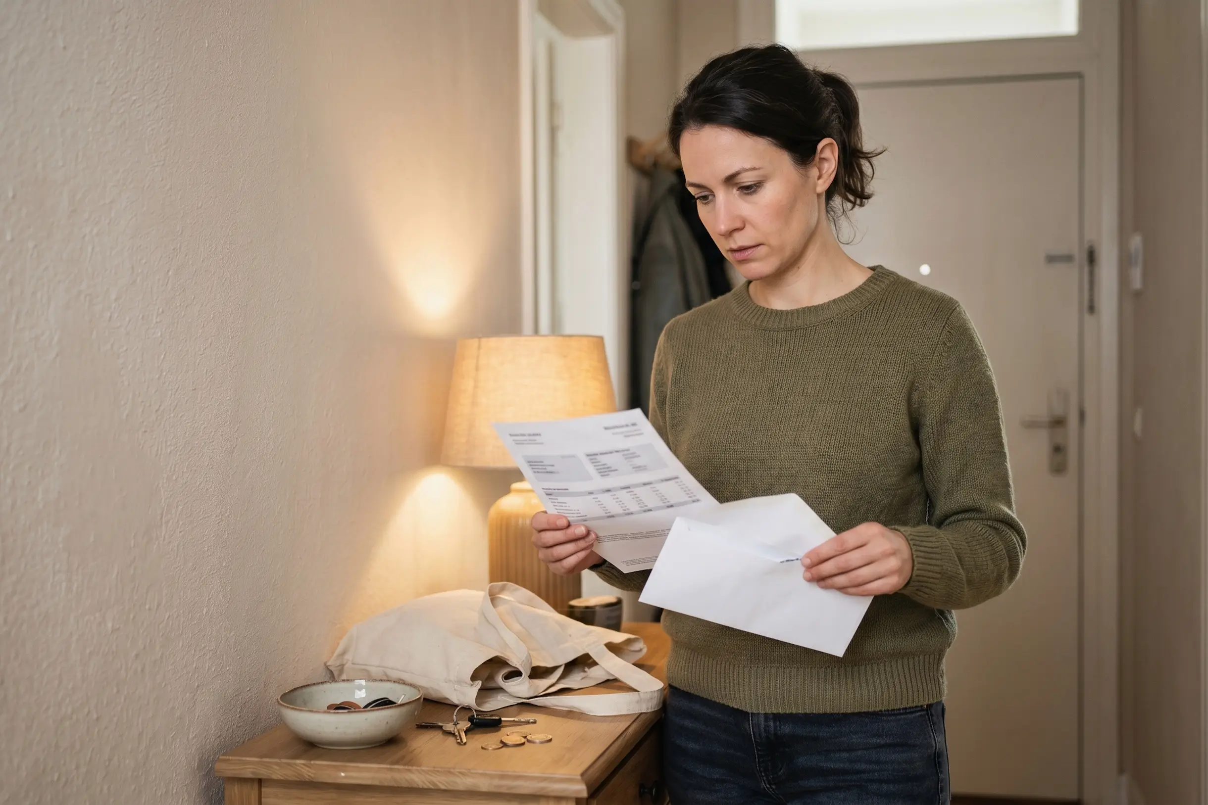 Frau blickt auf geöffneten Brief zu ihren Energiekosten.